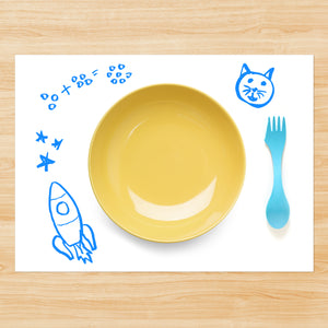 Self-Adhesive Memo Board on a dinner table with drawings on dinnerware on it